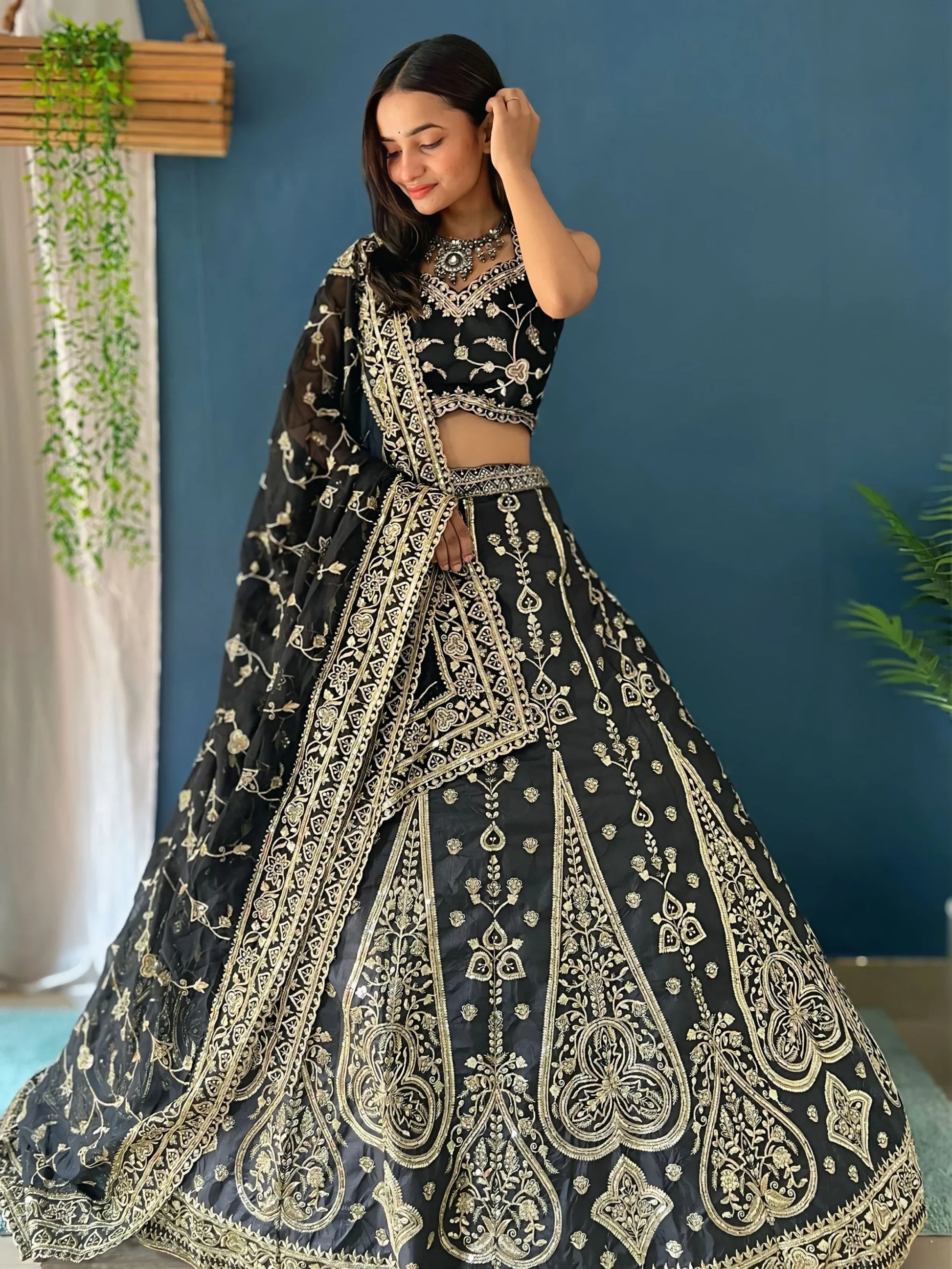 Attractive Black Zari Embroidery Silk Reception Wear Lehenga Choli - Zeel Clothing