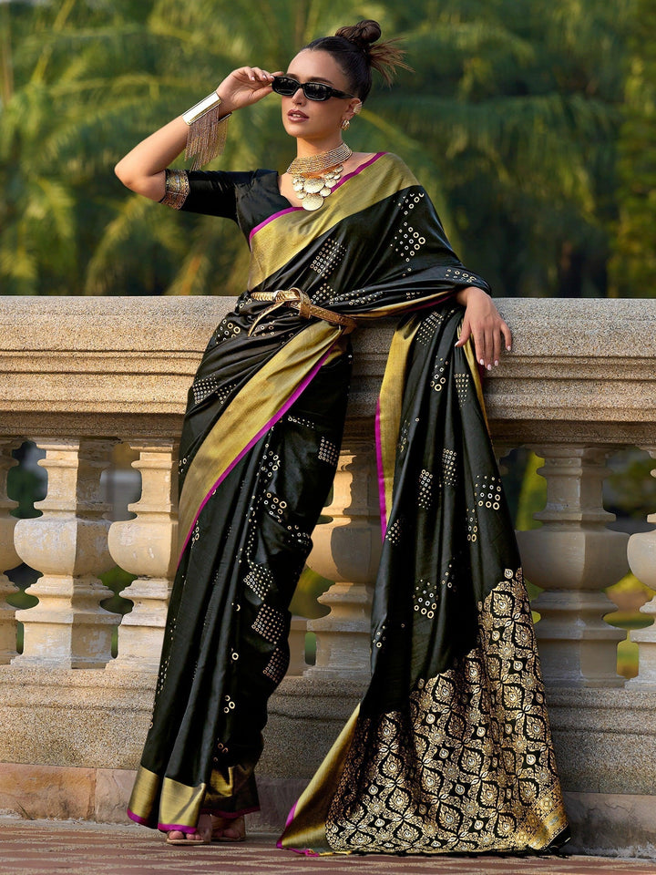 Attractive Black Zari Weaving Silk Party Wear Saree With Blouse