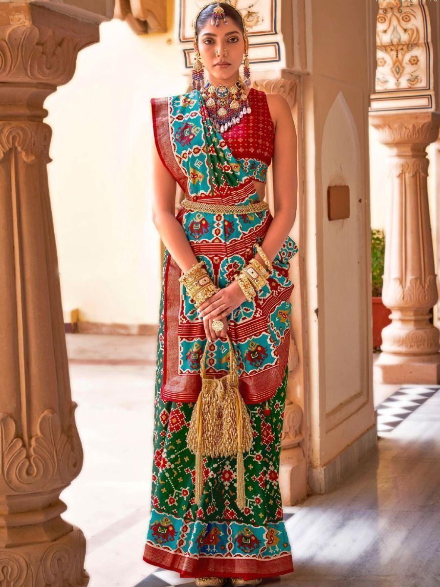 Attractive Blue & Green Patola Printed Silk Saree With Blouse - Zeel Clothing