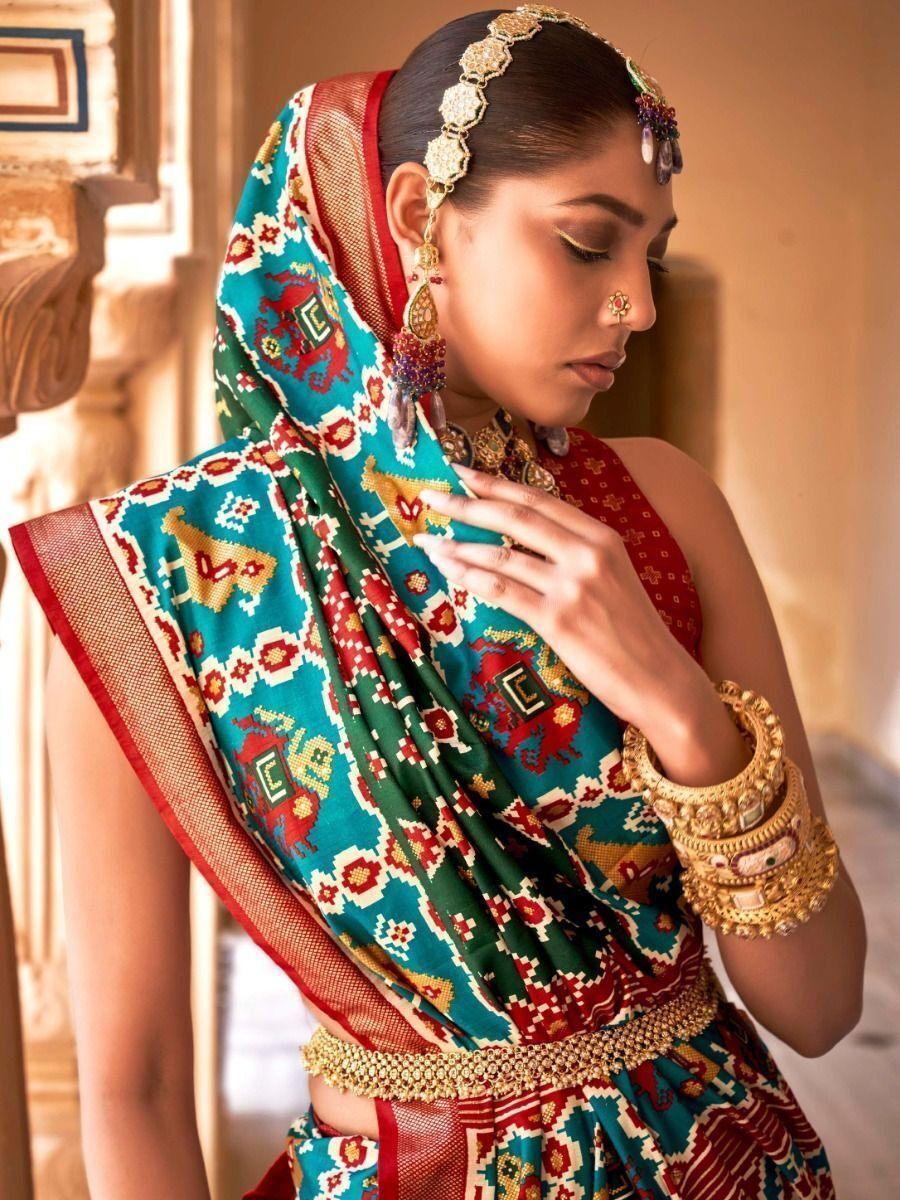 Attractive Blue & Green Patola Printed Silk Saree With Blouse - Zeel Clothing