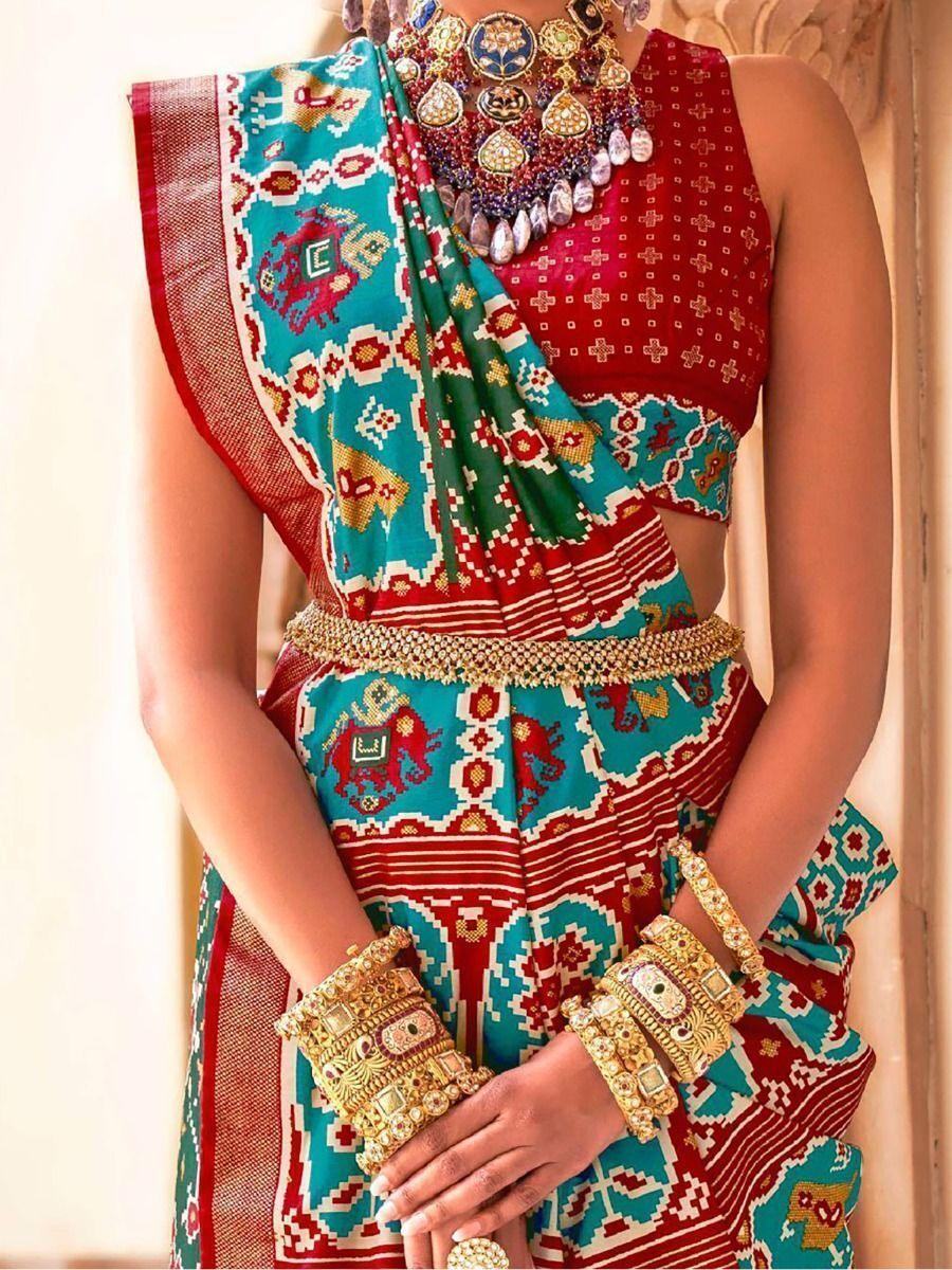 Attractive Blue & Green Patola Printed Silk Saree With Blouse - Zeel Clothing