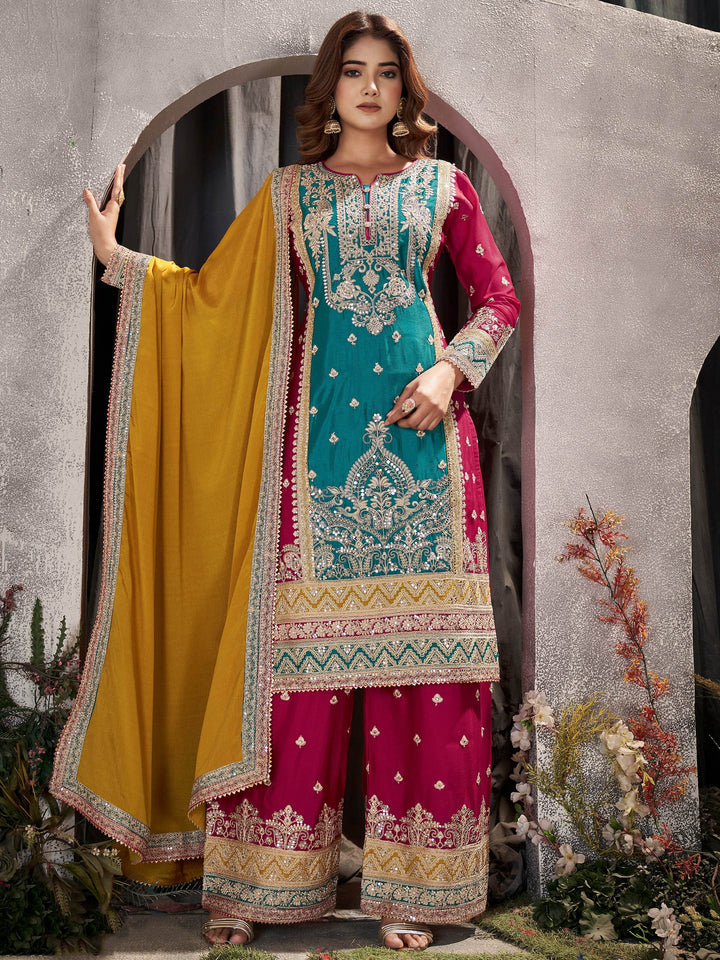 Attractive Blue & Pink Sequins Chinon Palazzo Suit With Dupatta - Zeel Clothing