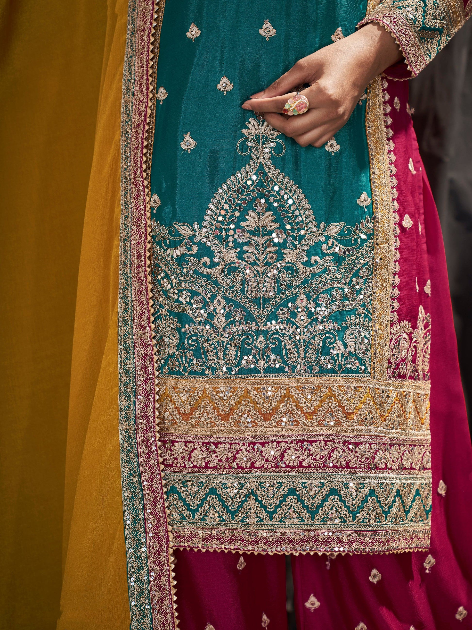 Attractive Blue & Pink Sequins Chinon Palazzo Suit With Dupatta - Zeel Clothing