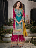 Attractive Blue & Pink Sequins Chinon Palazzo Suit With Dupatta - Zeel Clothing