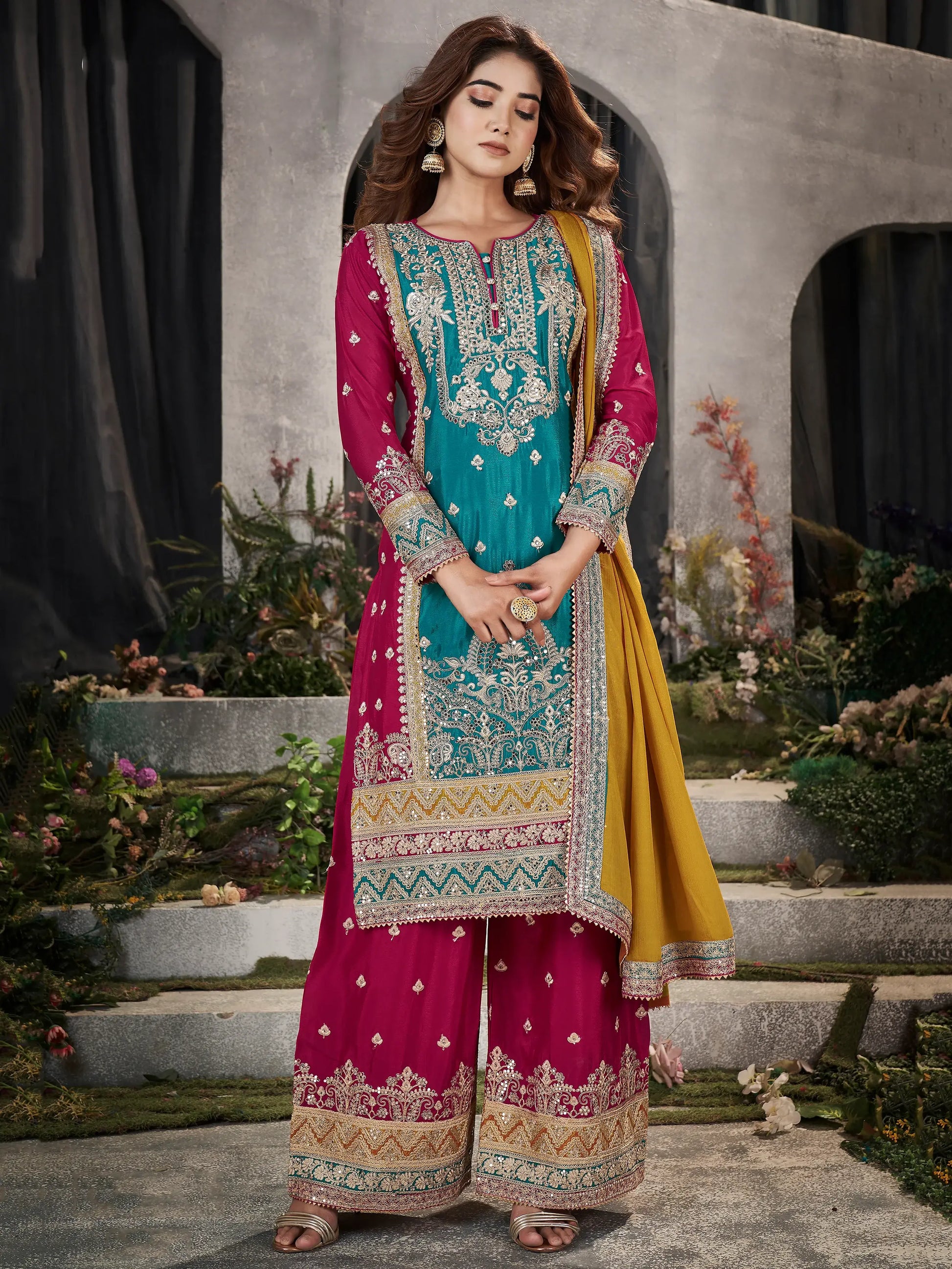 Attractive Blue & Pink Sequins Chinon Palazzo Suit With Dupatta - Zeel Clothing
