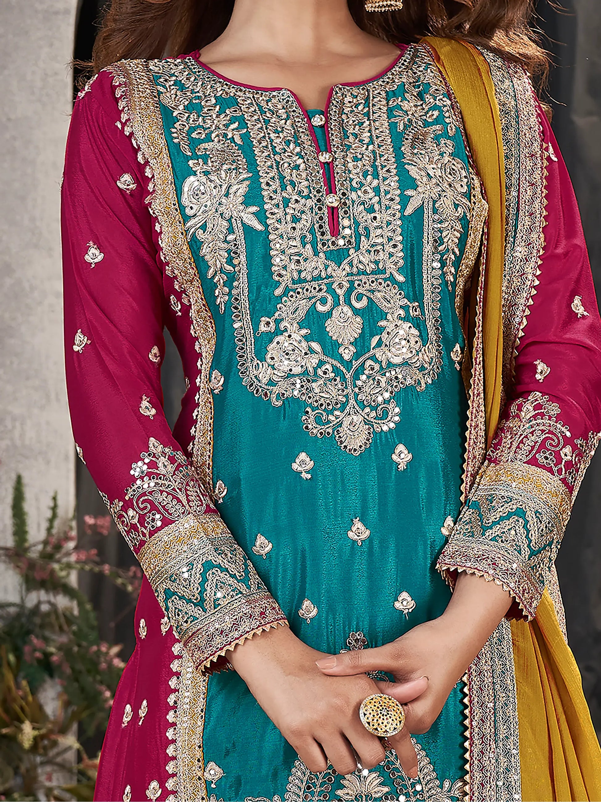 Attractive Blue & Pink Sequins Chinon Palazzo Suit With Dupatta - Zeel Clothing