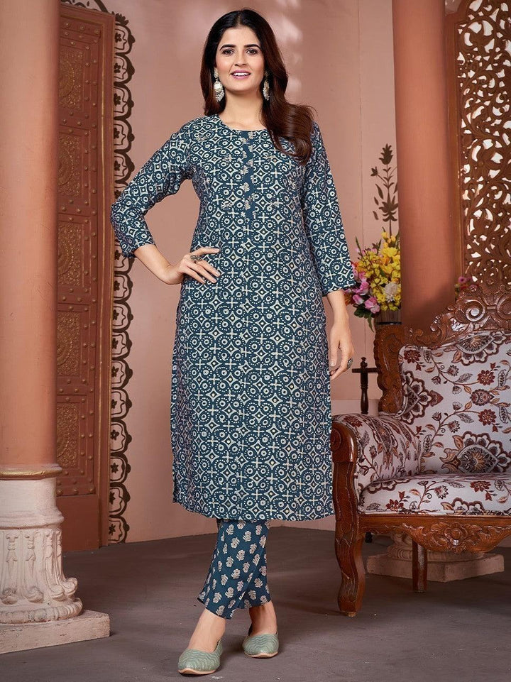 Attractive Blue Digital Printed Rayon Readymade Pant Suit