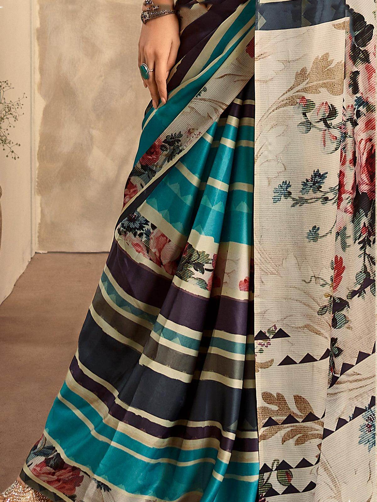 Attractive Blue Digital Printed Satin Festival Wear Saree With Blouse - Zeel Clothing