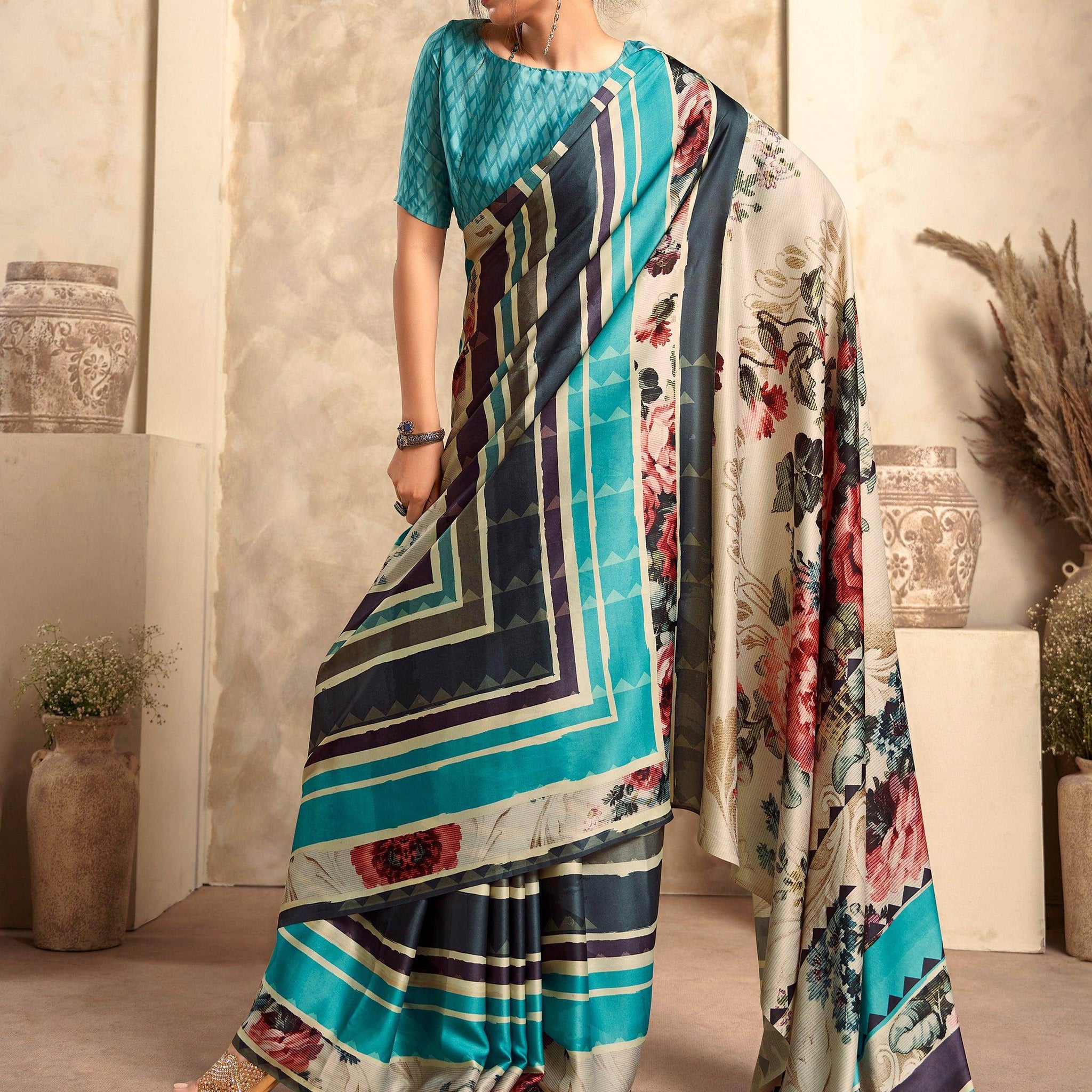 Attractive Blue Digital Printed Satin Festival Wear Saree With Blouse - Zeel Clothing