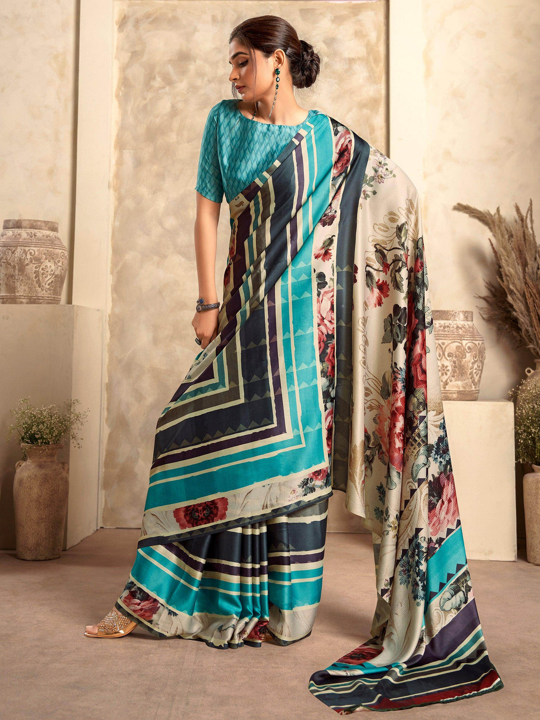 Attractive Blue Digital Printed Satin Festival Wear Saree With Blouse - Zeel Clothing