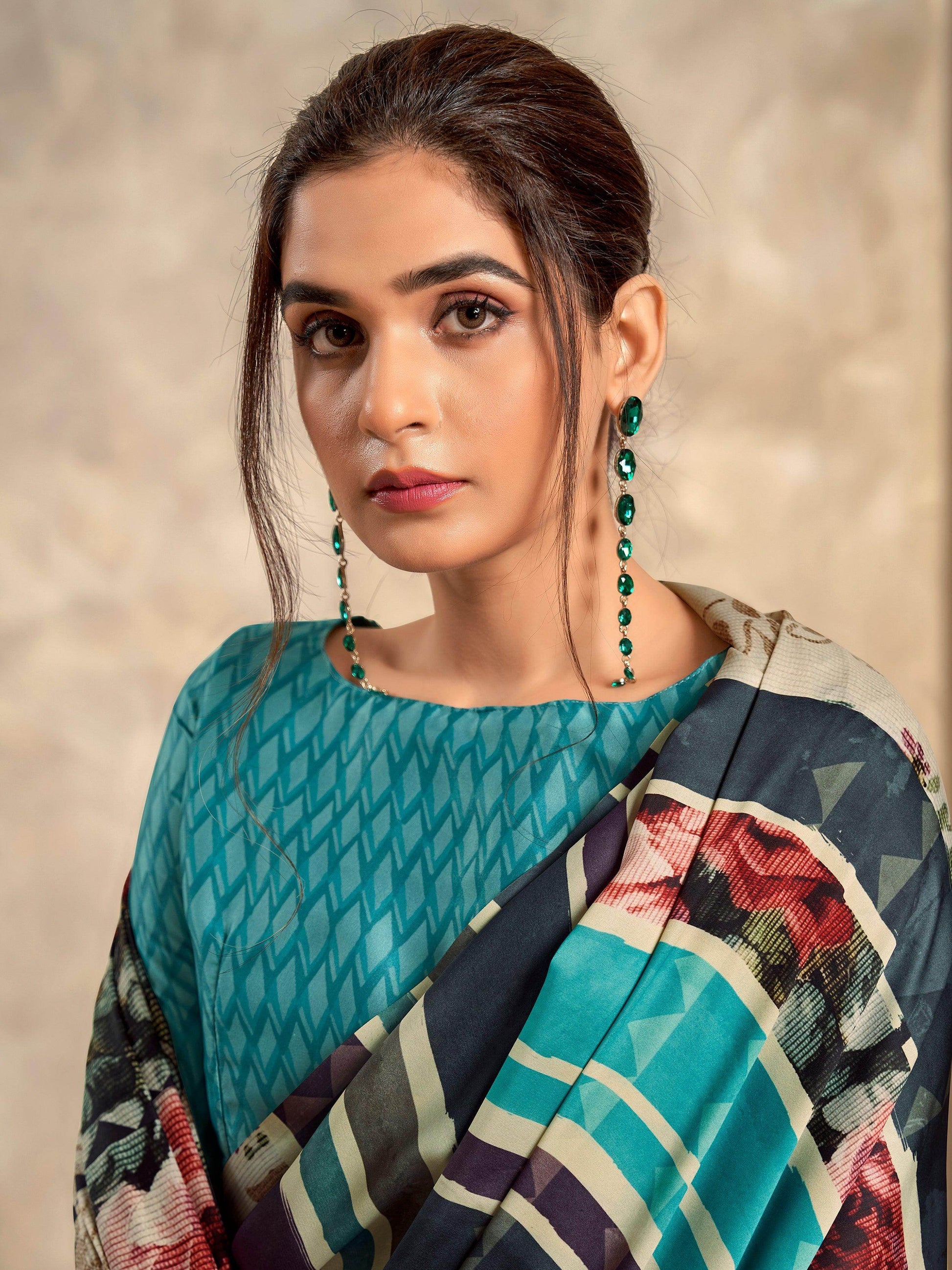 Attractive Blue Digital Printed Satin Festival Wear Saree With Blouse - Zeel Clothing