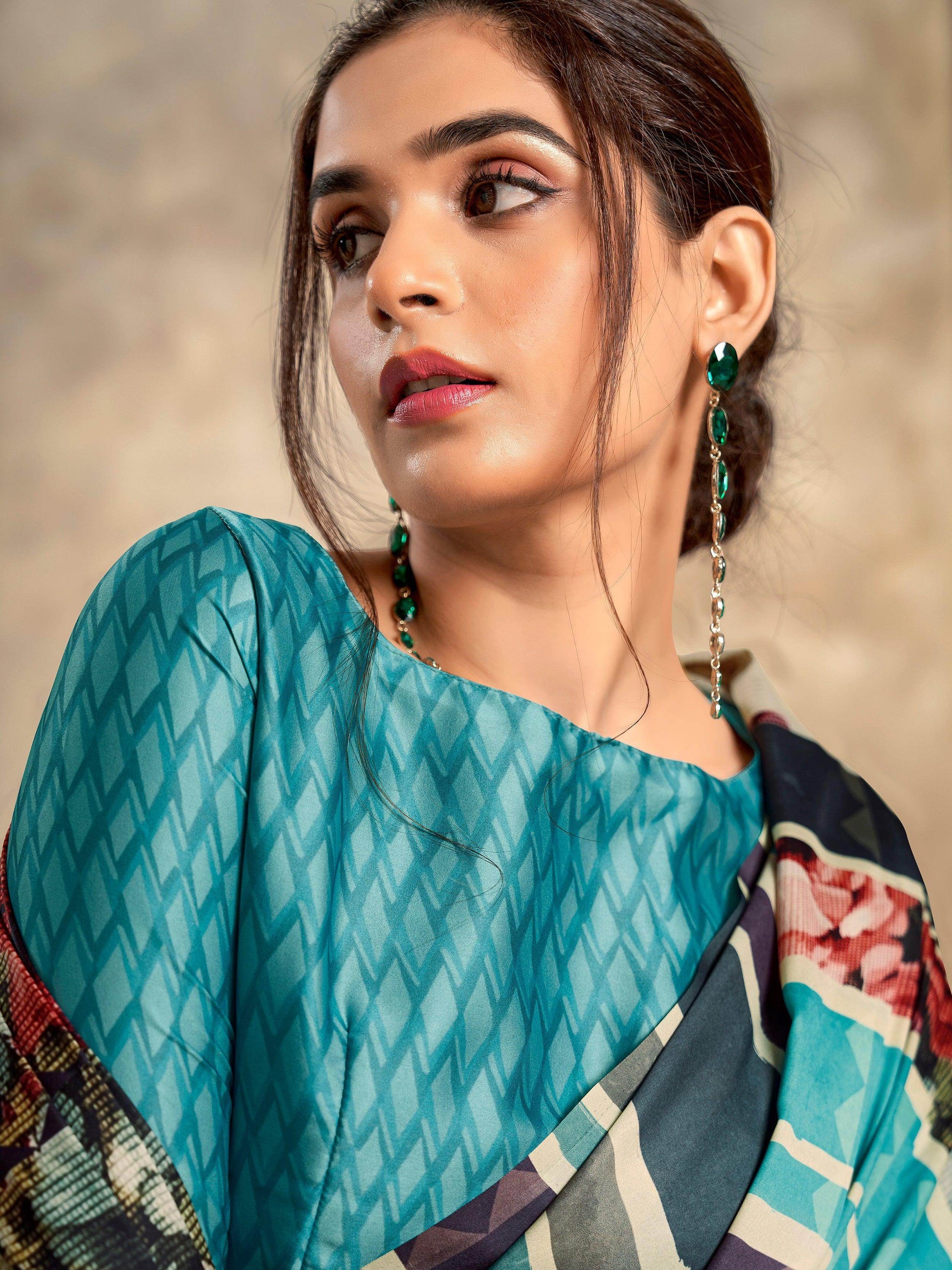 Attractive Blue Digital Printed Satin Festival Wear Saree With Blouse - Zeel Clothing