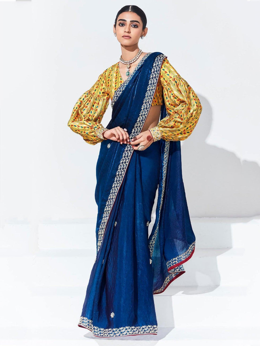 Attractive Blue Embroidered Organza Wedding Wear Saree With Blouse