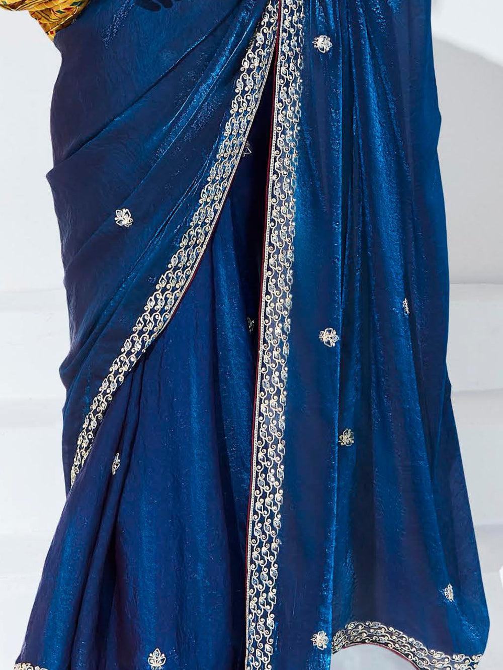 Attractive Blue Embroidered Organza Wedding Wear Saree With Blouse