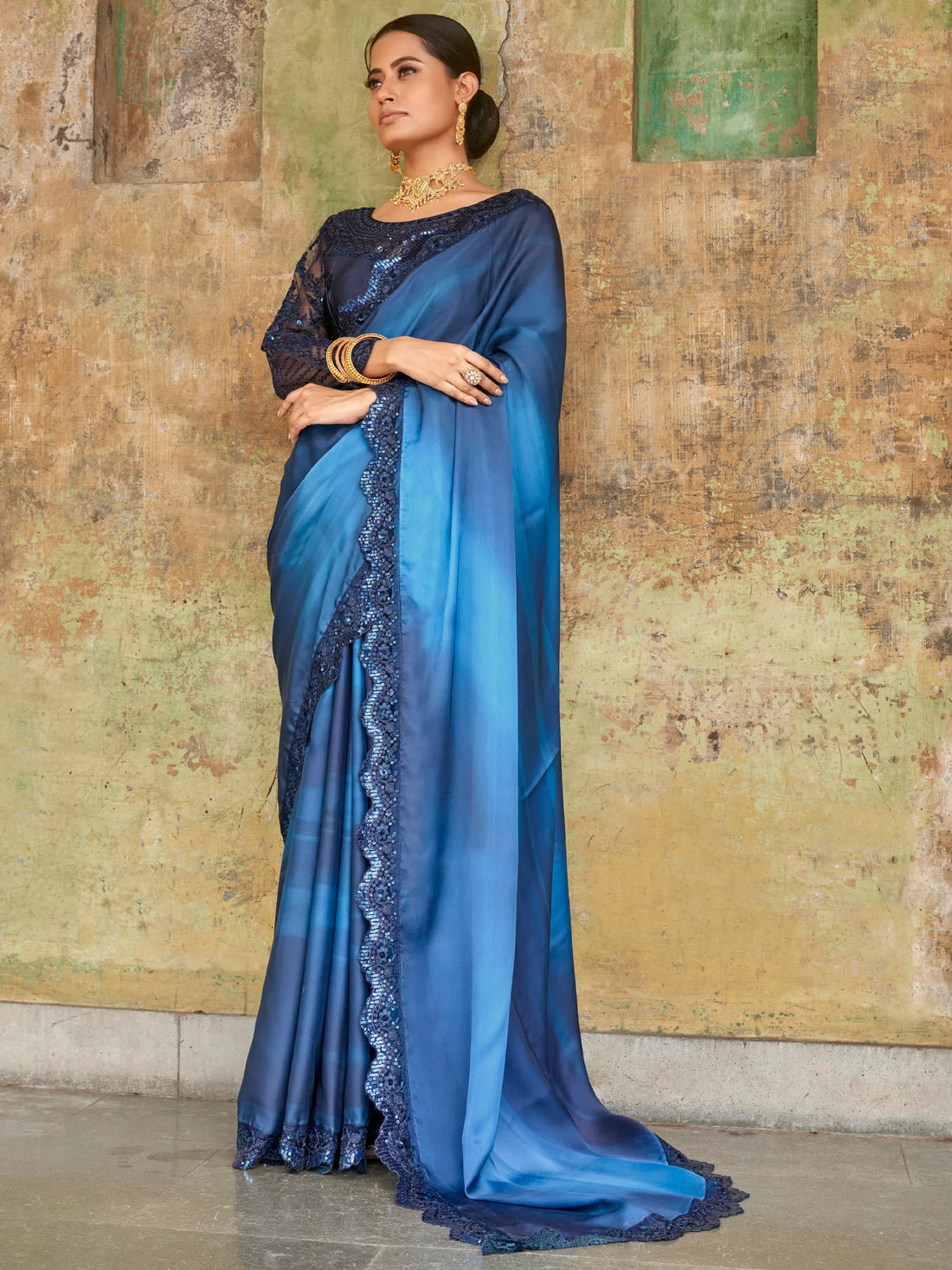 Attractive Blue Embroidered Satin Party Wear Saree With Blouse - Zeel Clothing