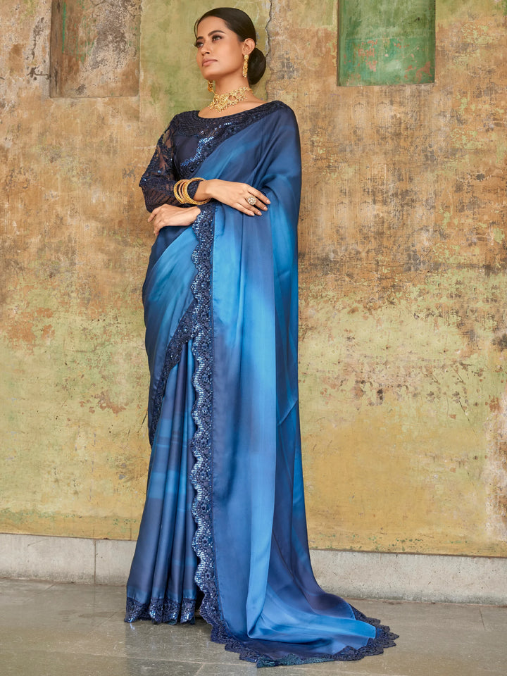 Attractive Blue Embroidered Satin Party Wear Saree With Blouse - Zeel Clothing