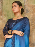 Attractive Blue Embroidered Satin Party Wear Saree With Blouse - Zeel Clothing