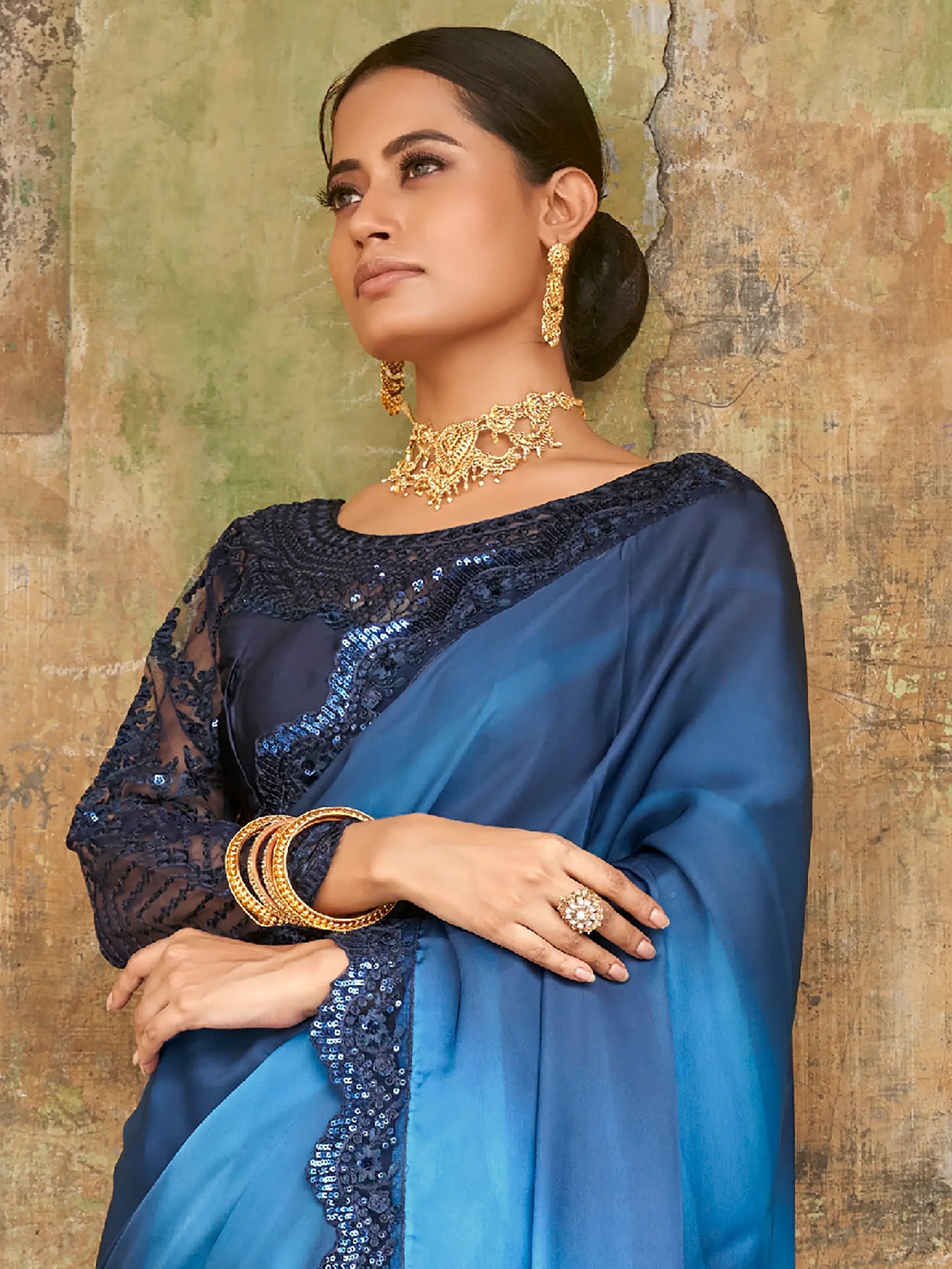 Attractive Blue Embroidered Satin Party Wear Saree With Blouse - Zeel Clothing