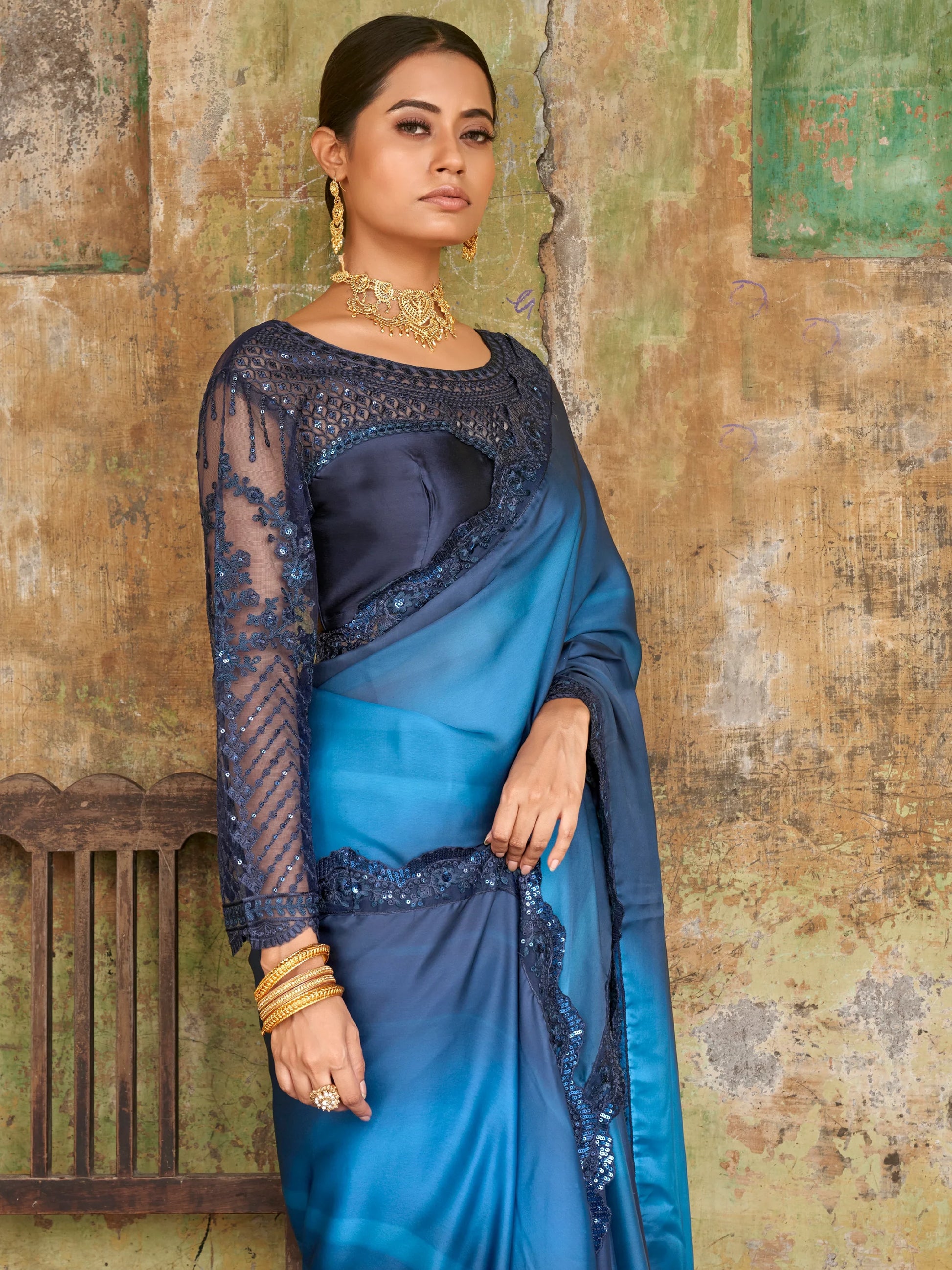 Attractive Blue Embroidered Satin Party Wear Saree With Blouse - Zeel Clothing