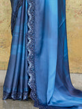 Attractive Blue Embroidered Satin Party Wear Saree With Blouse - Zeel Clothing
