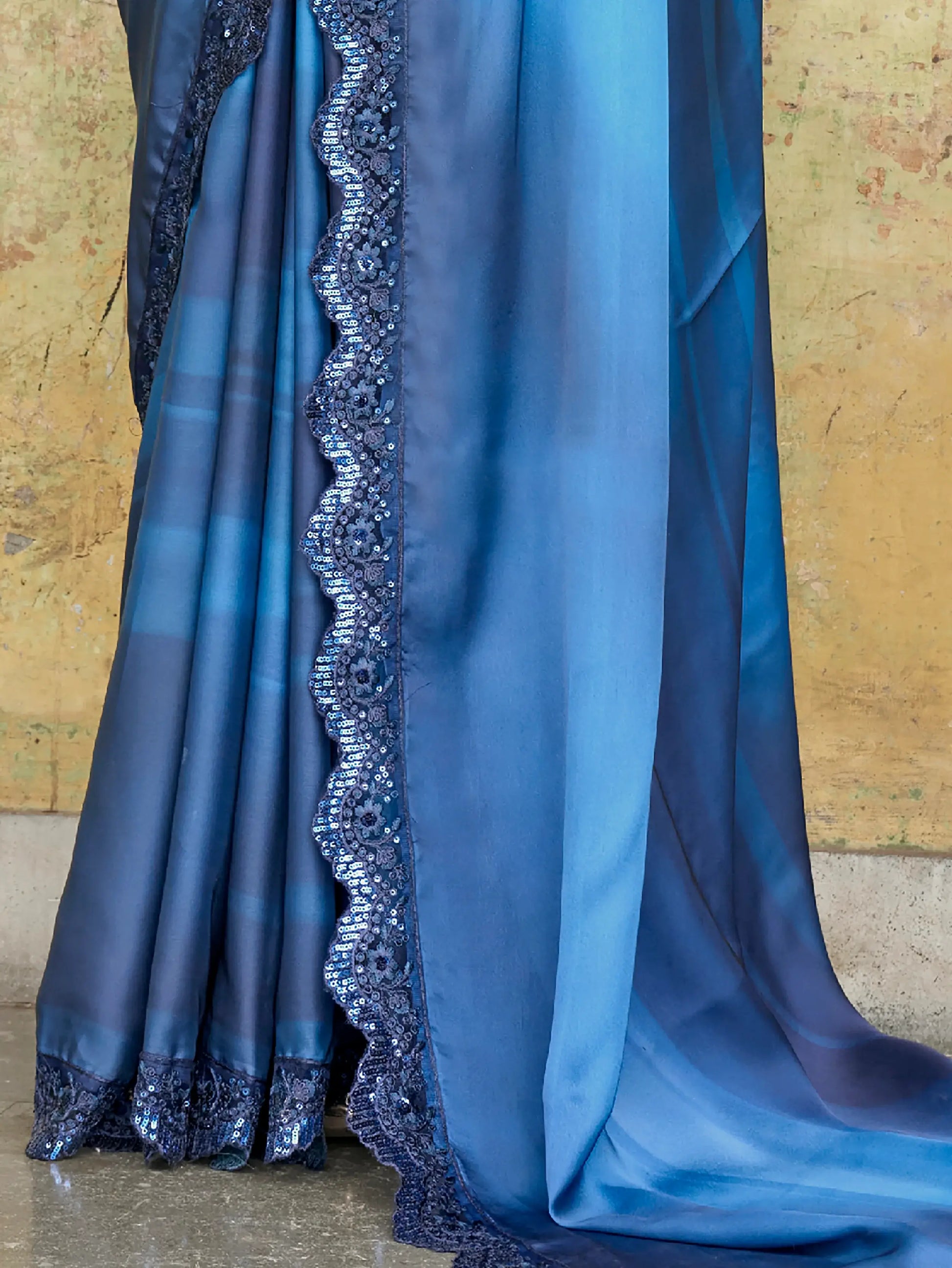 Attractive Blue Embroidered Satin Party Wear Saree With Blouse - Zeel Clothing