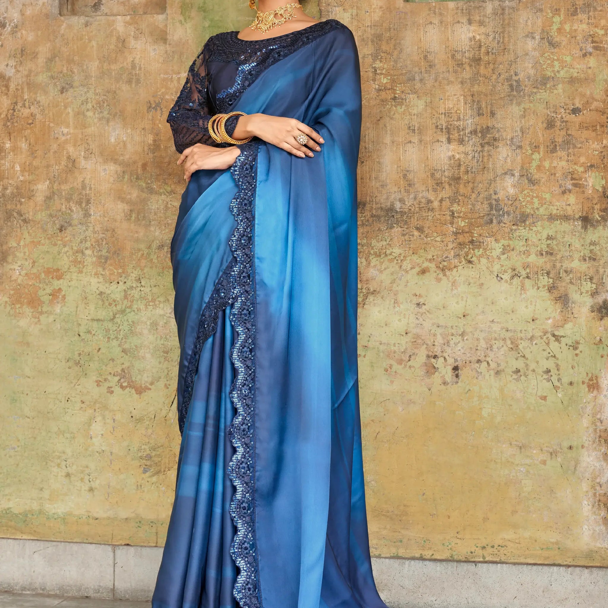 Attractive Blue Embroidered Satin Party Wear Saree With Blouse - Zeel Clothing