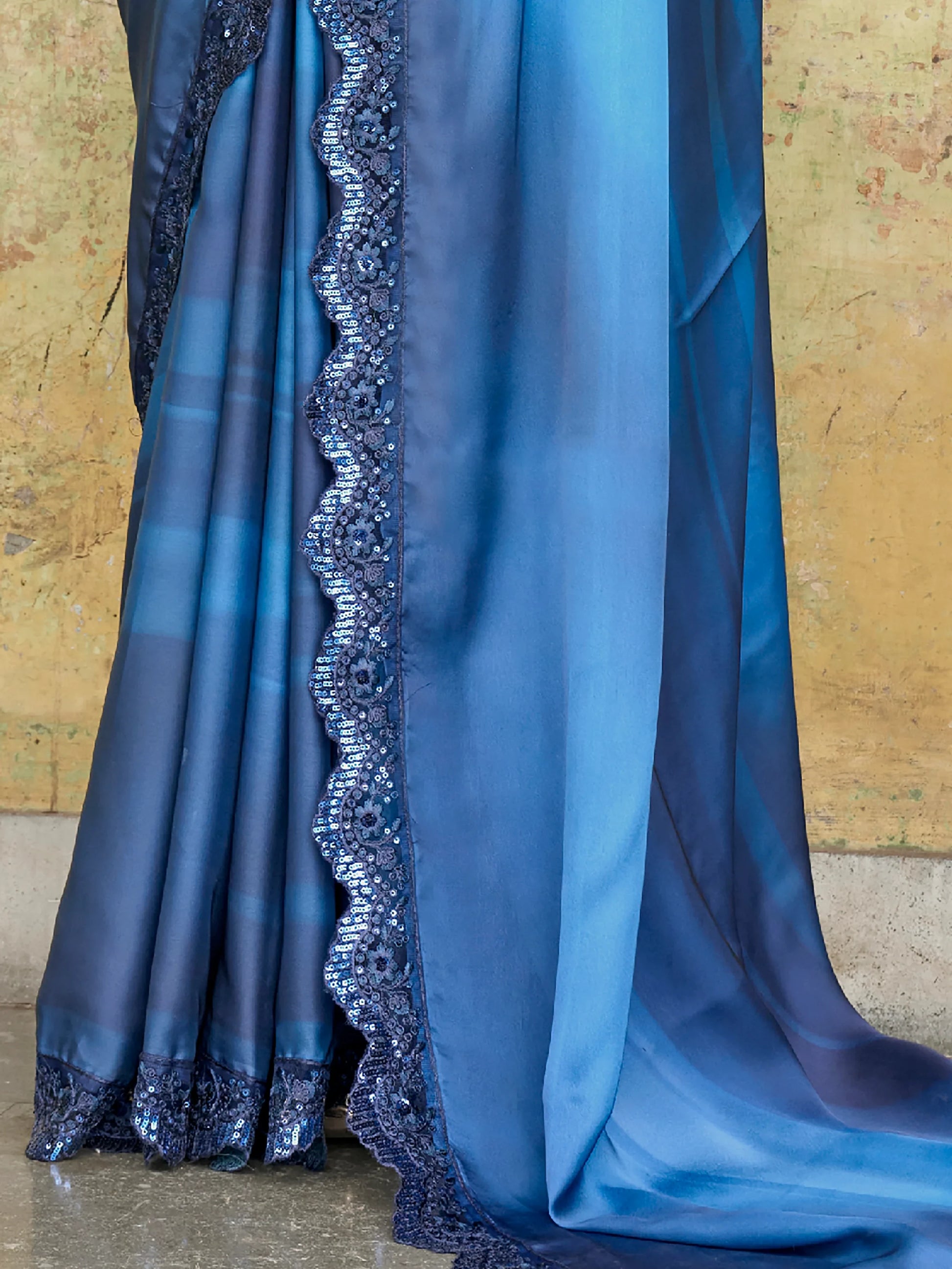 Attractive Blue Embroidered Satin Party Wear Saree With Blouse - Zeel Clothing