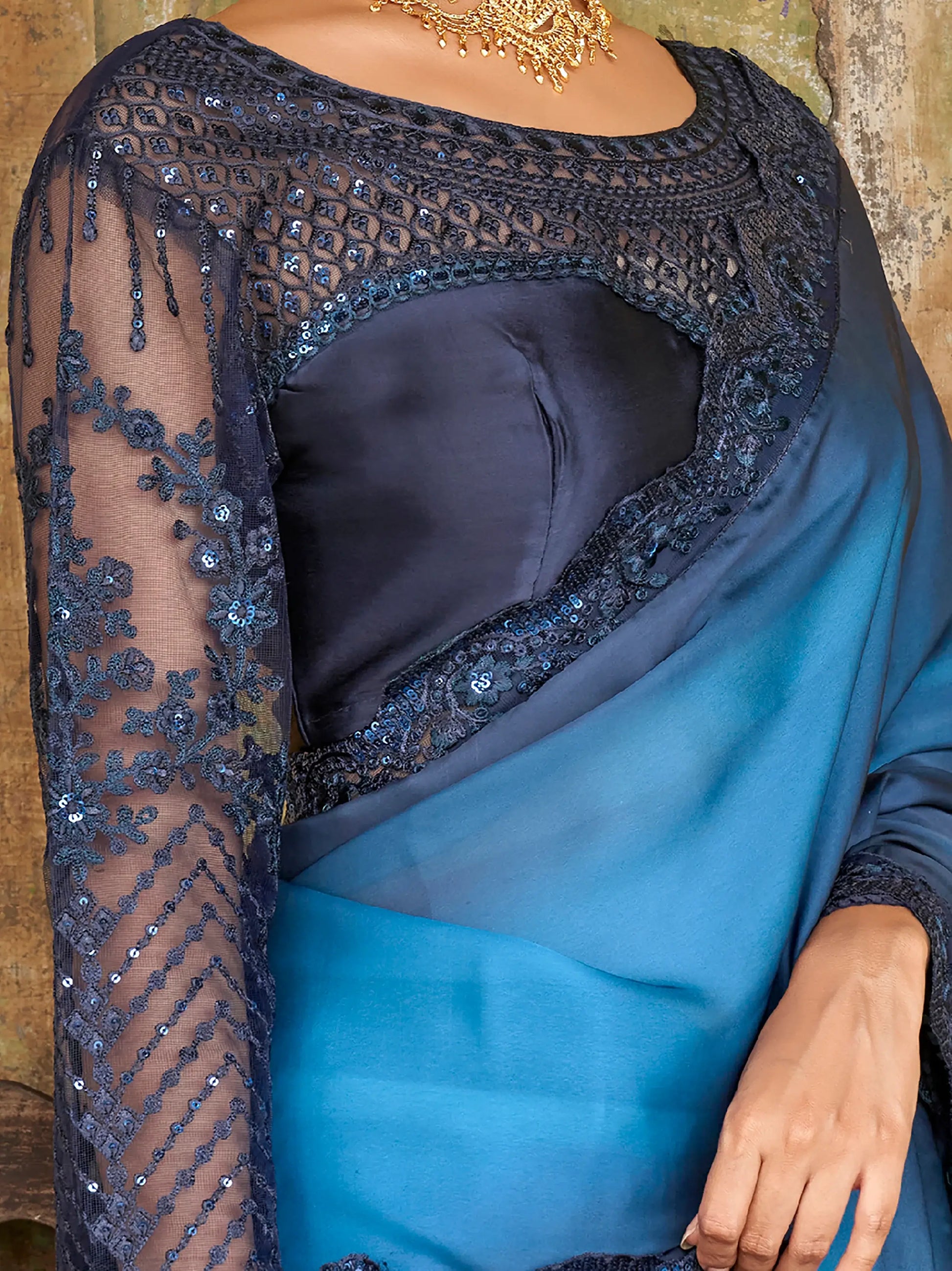 Attractive Blue Embroidered Satin Party Wear Saree With Blouse - Zeel Clothing