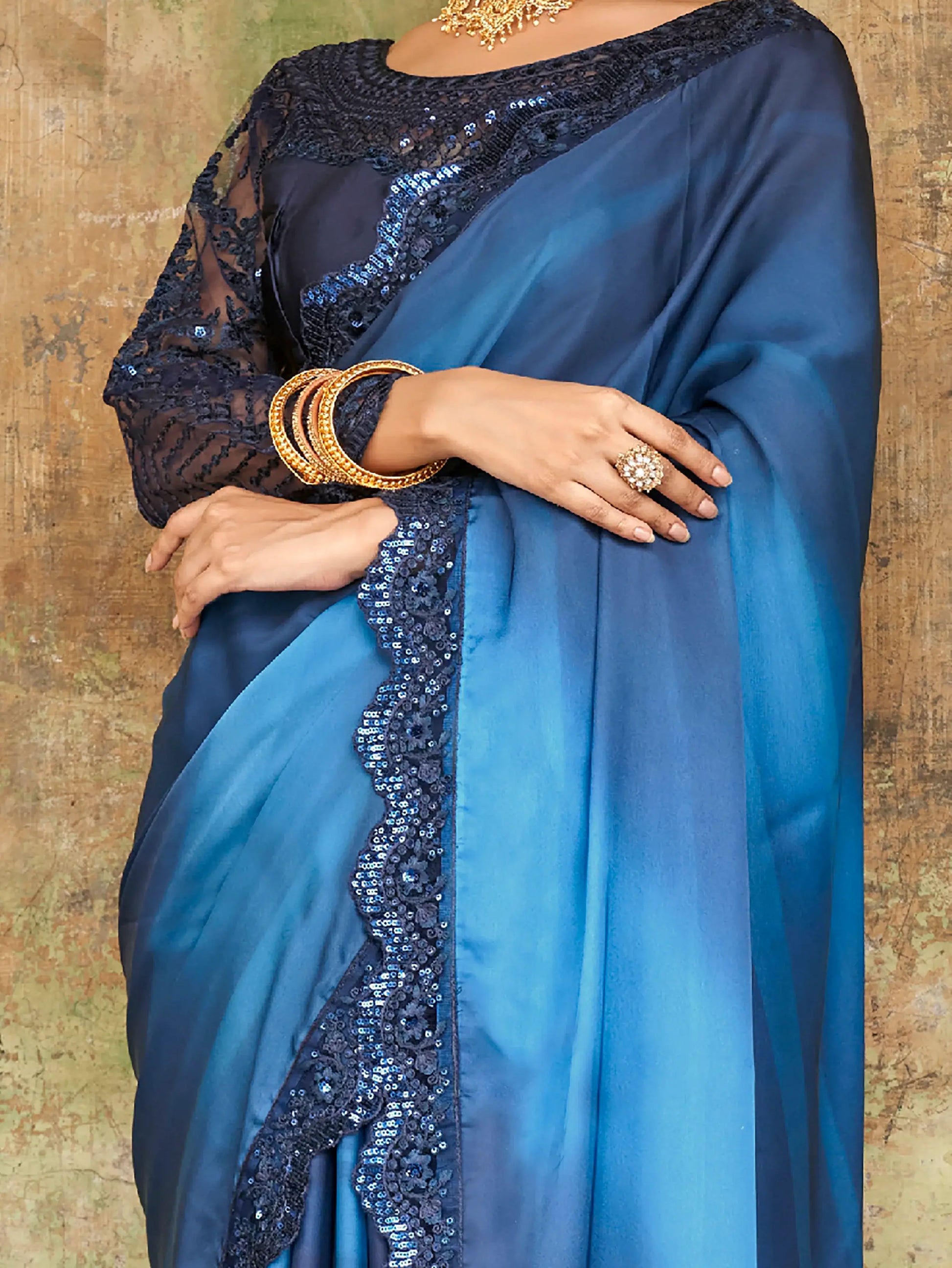 Attractive Blue Embroidered Satin Party Wear Saree With Blouse - Zeel Clothing