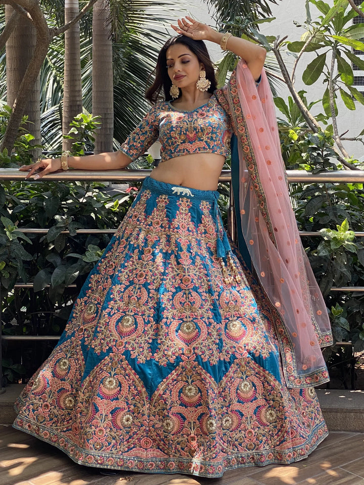Attractive Blue Embroidered Velvet Wedding Wear Lehenga Choli - Zeel Clothing