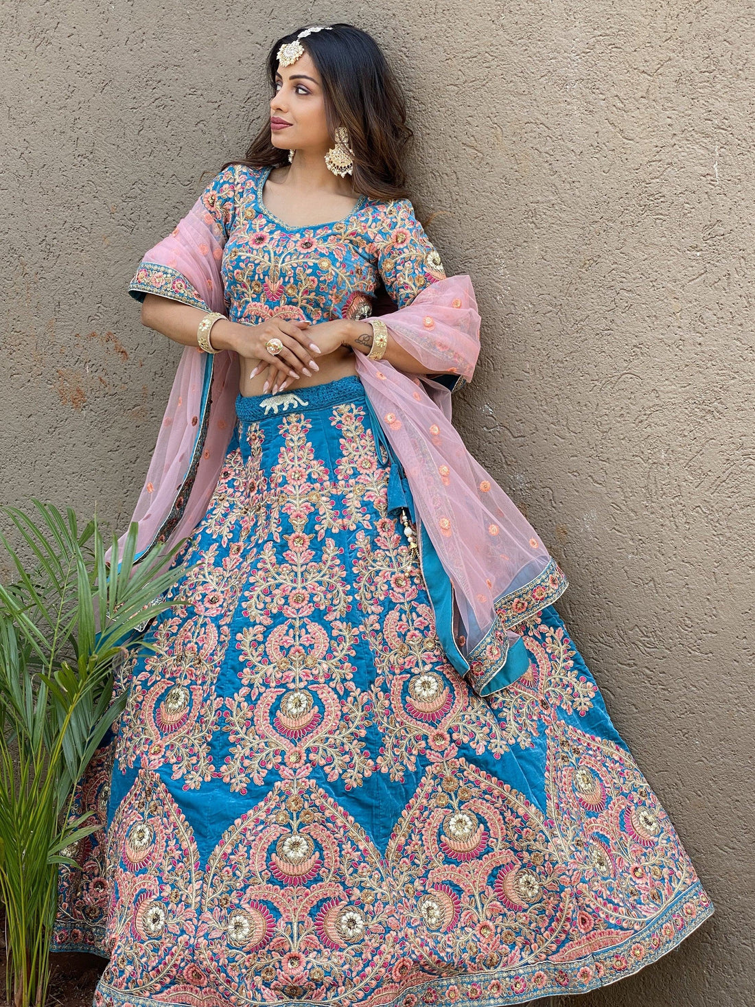 Attractive Blue Embroidered Velvet Wedding Wear Lehenga Choli - Zeel Clothing