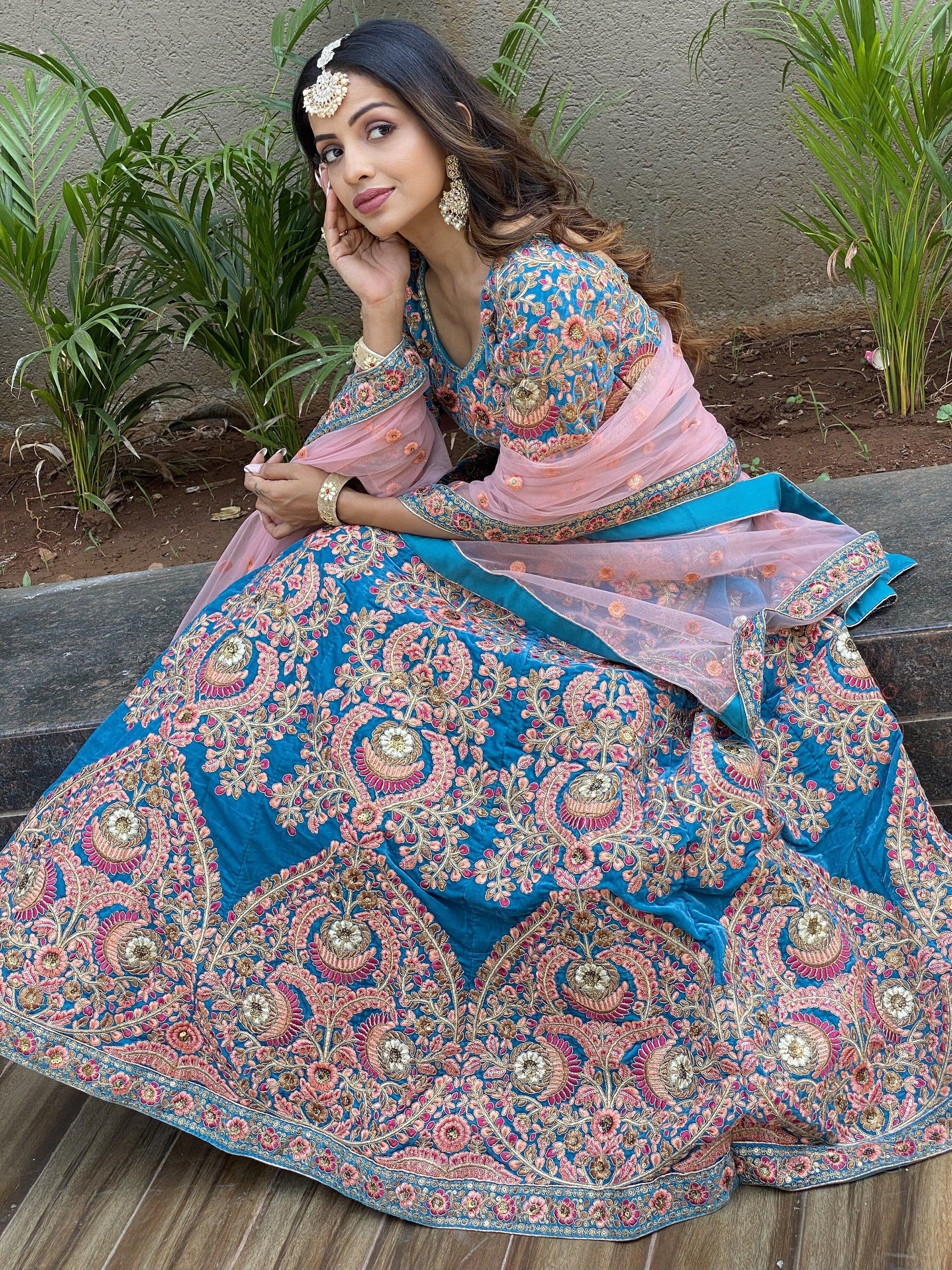 Attractive Blue Embroidered Velvet Wedding Wear Lehenga Choli - Zeel Clothing