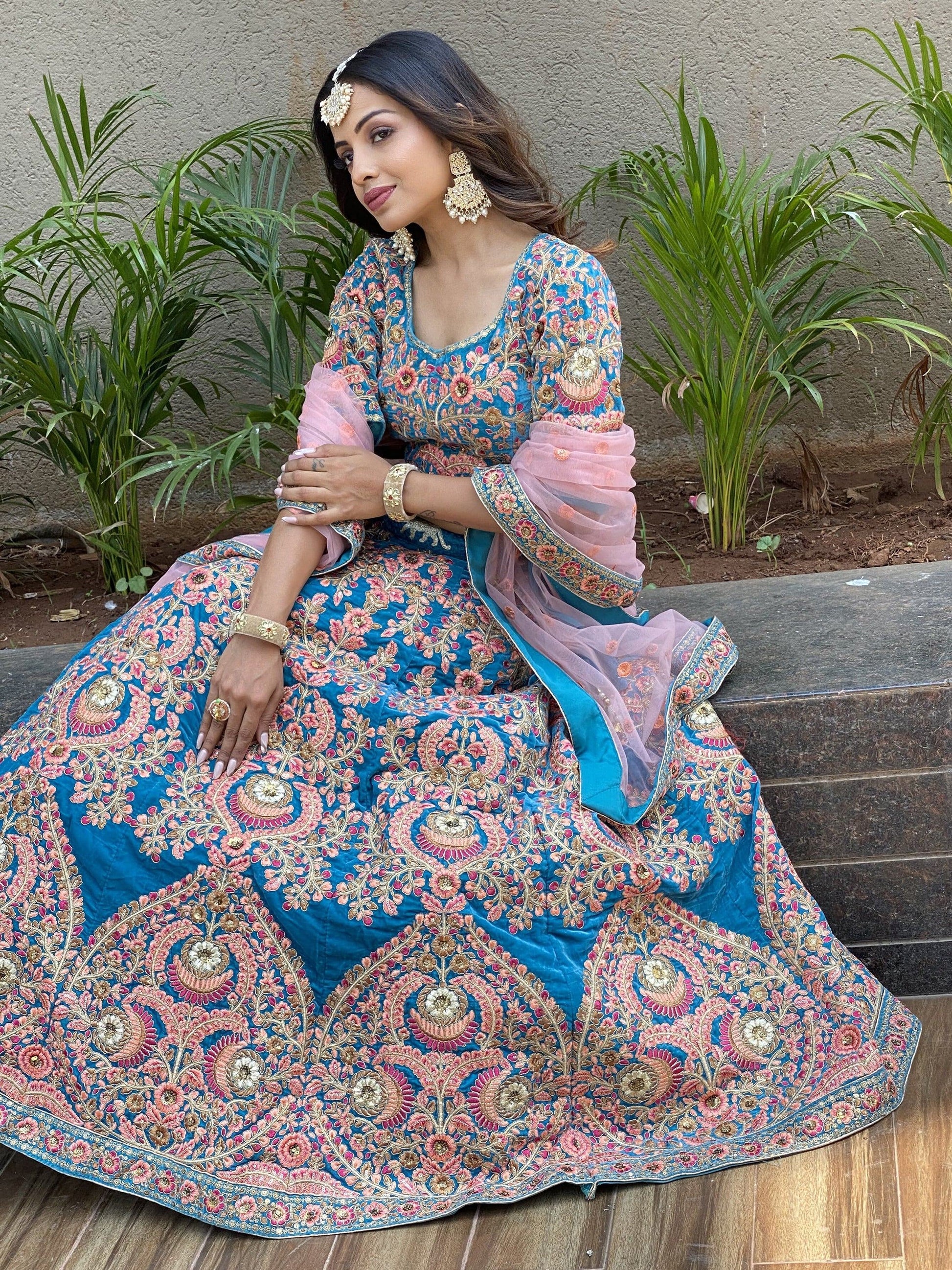 Attractive Blue Embroidered Velvet Wedding Wear Lehenga Choli - Zeel Clothing
