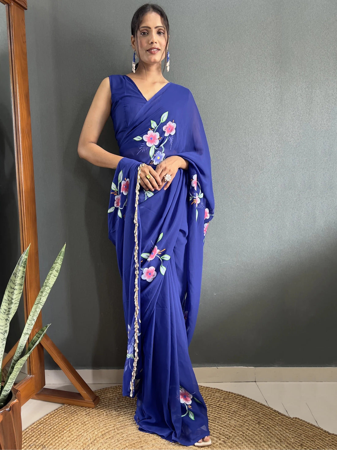 Attractive Blue Floral Print Georgette Pre Stitched Saree With Blouse - Zeel Clothing