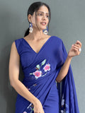 Attractive Blue Floral Print Georgette Pre Stitched Saree With Blouse - Zeel Clothing