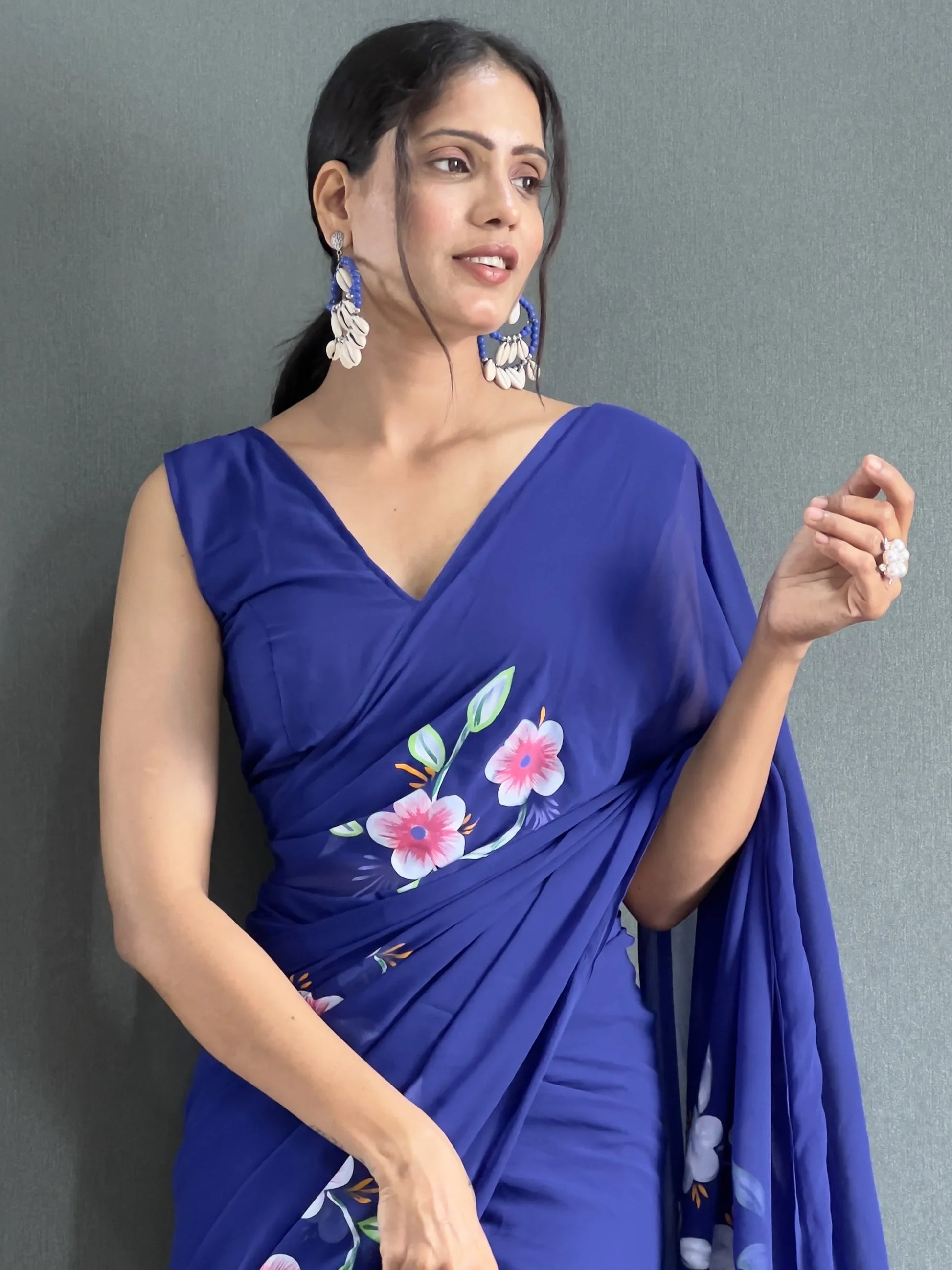 Attractive Blue Floral Print Georgette Pre Stitched Saree With Blouse - Zeel Clothing