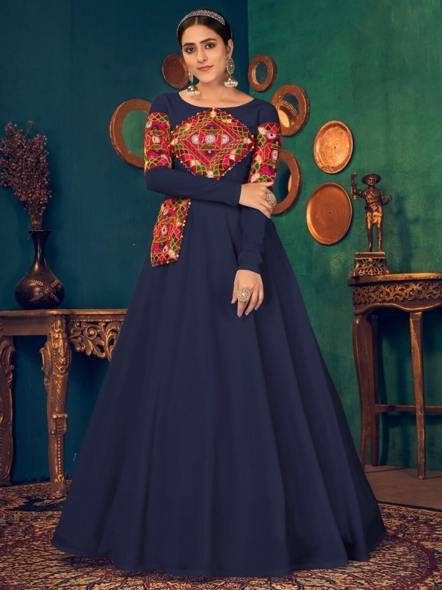 Navy blue embroidered anarkali gown with colorful mirror work, perfect for festive occasions and Indian weddings.