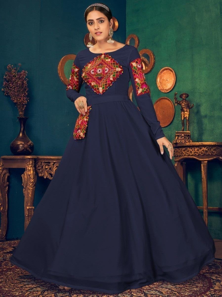 Navy blue embroidered anarkali gown with colorful mirror work, perfect for festive occasions and Indian weddings.