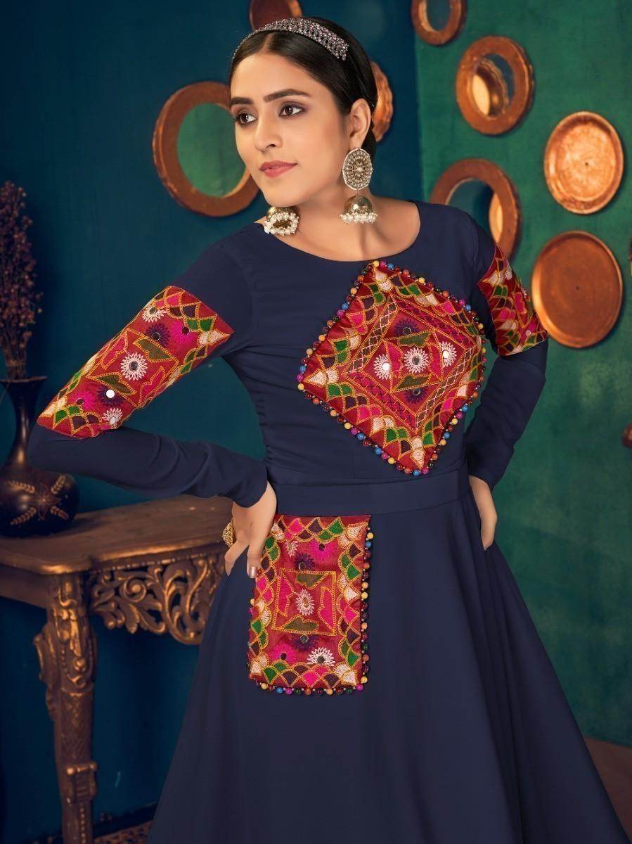 Attractive Blue Pearl And Mirror Work Georgette Festive Wear Gown - Zeel Clothing
