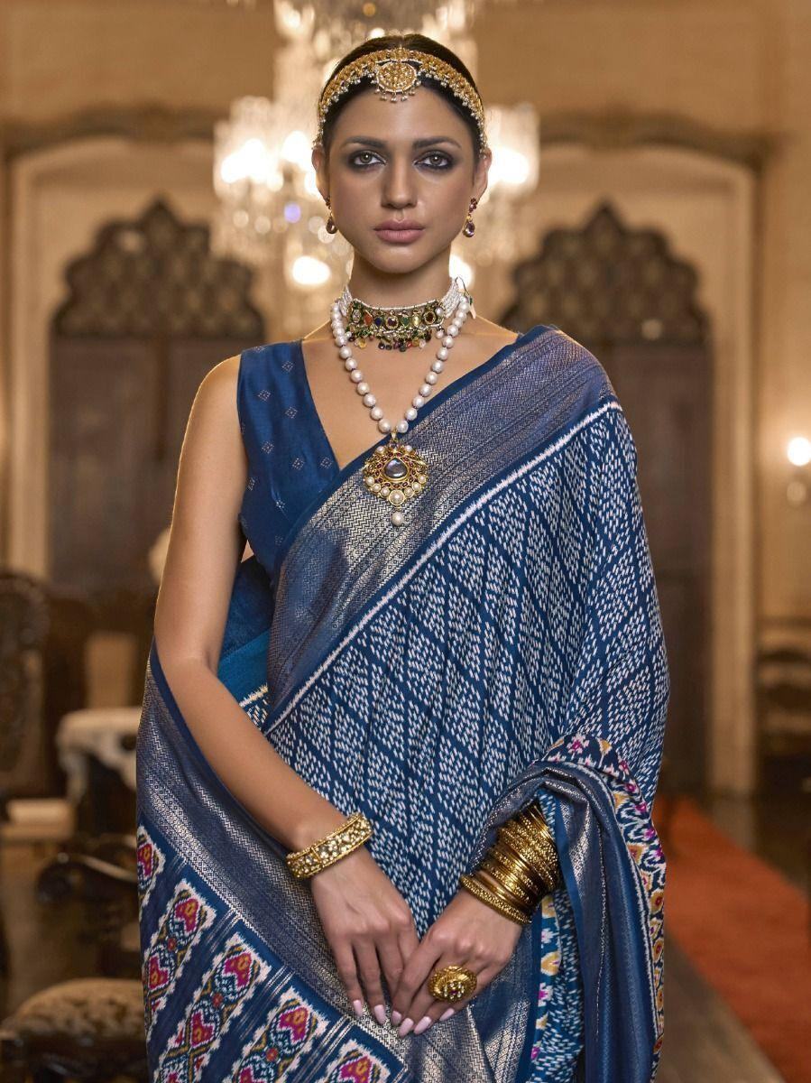 Attractive Blue Printed Patola Silk Festival Wear Saree With Blouse