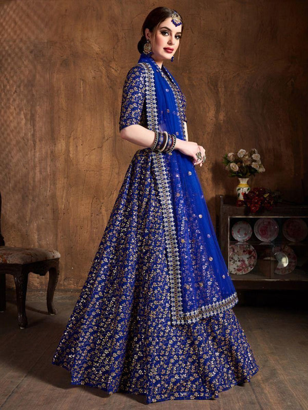 Attractive Blue Sequins Embroidered Raw Silk Wedding Lehenga Choli