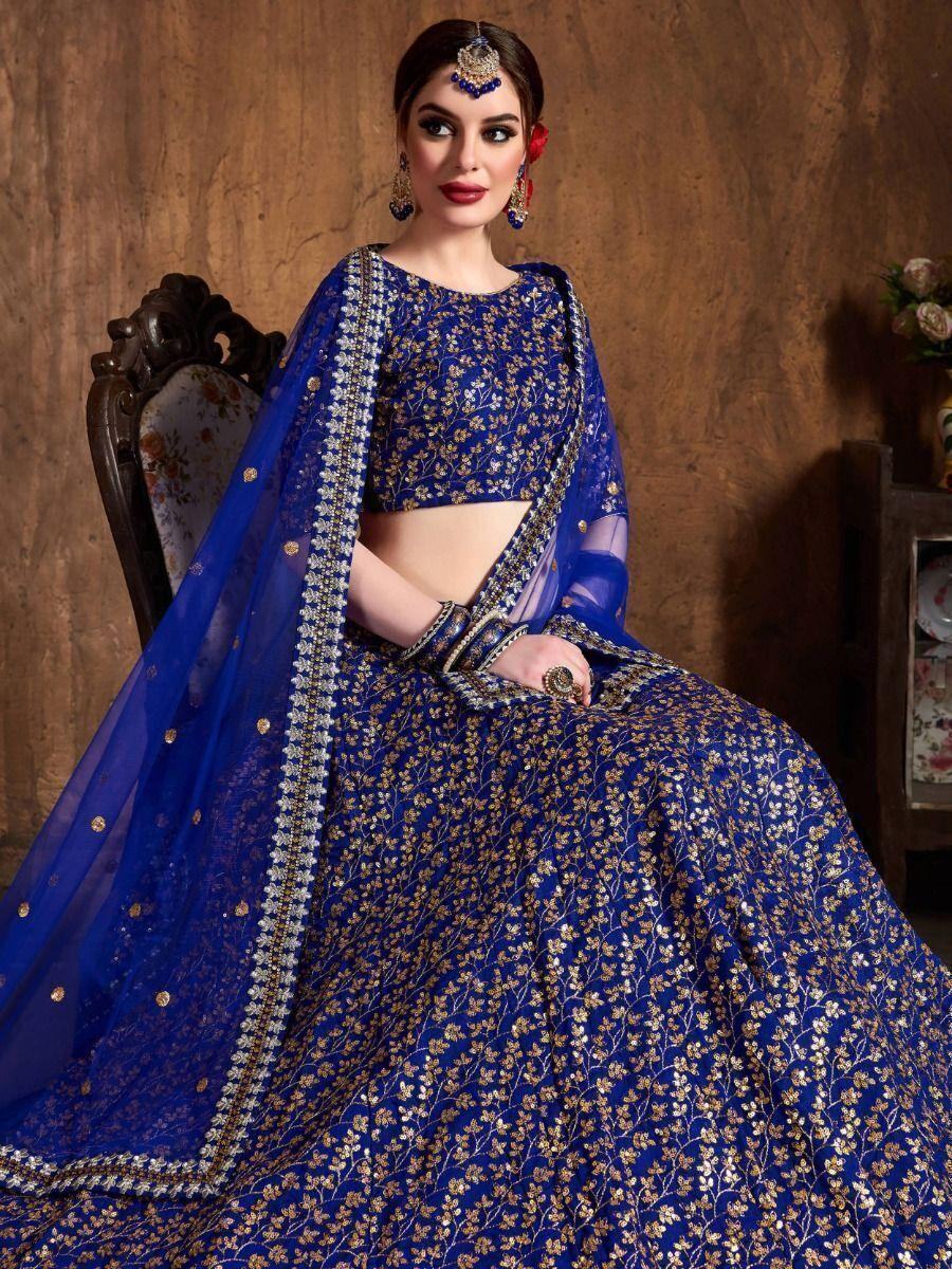 Attractive Blue Sequins Embroidered Raw Silk Wedding Lehenga Choli
