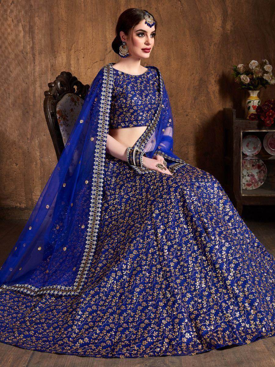Attractive Blue Sequins Embroidered Raw Silk Wedding Lehenga Choli - Zeel Clothing