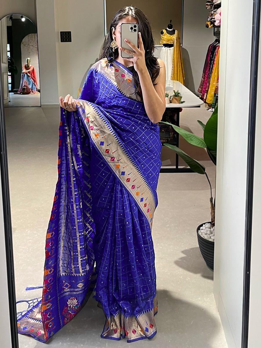 Attractive Blue Zari Weaving Jacquard Silk Wedding Wear Saree - Zeel Clothing