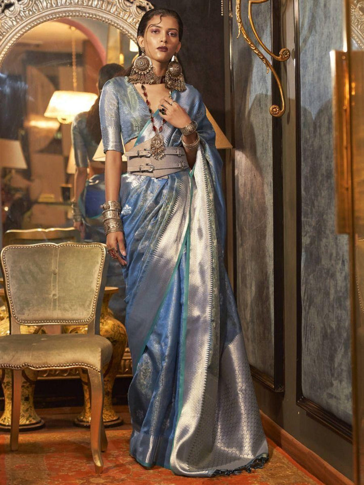 Attractive Blue Zari Weaving Organza Designer Saree