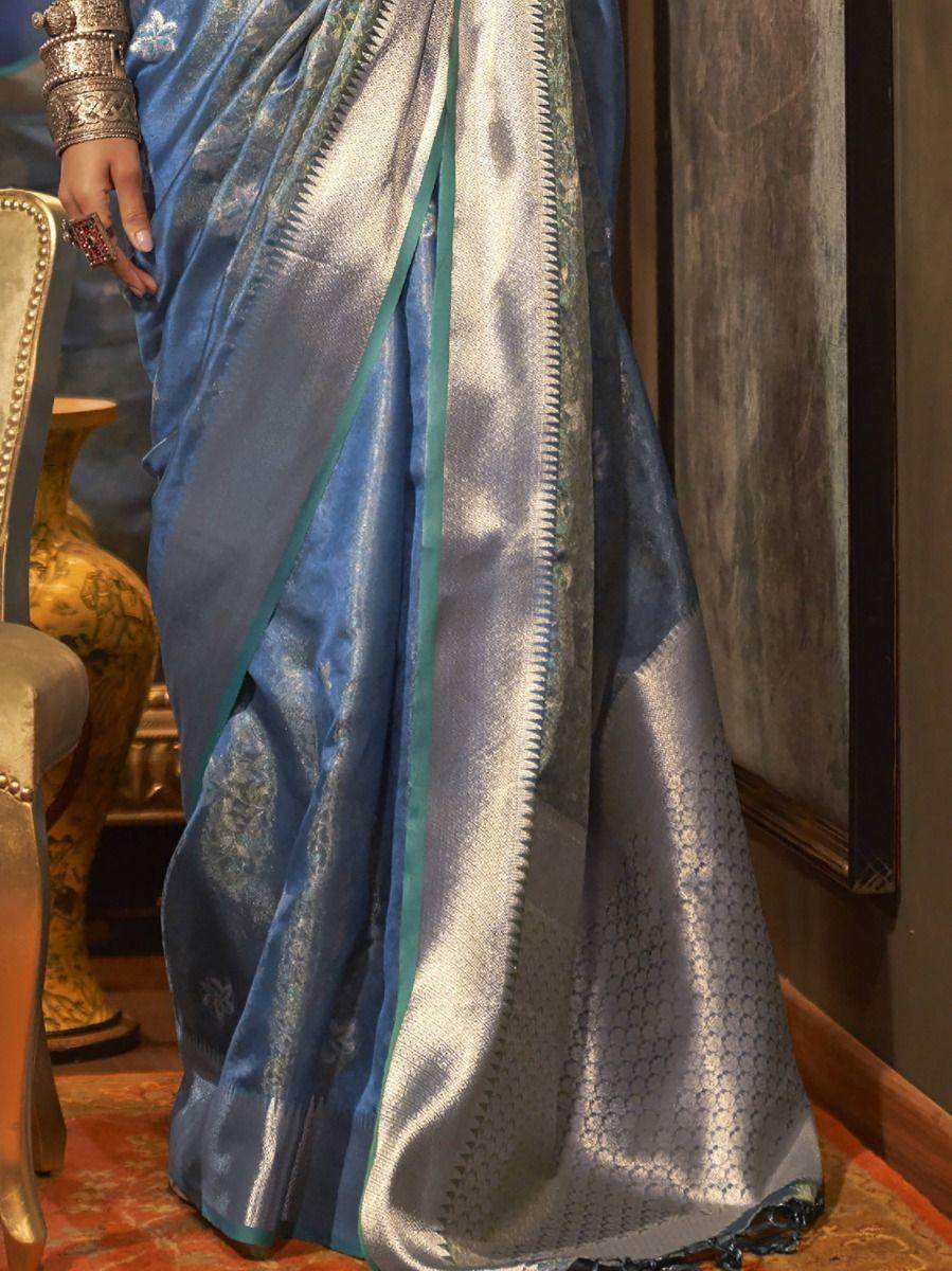 Attractive Blue Zari Weaving Organza Designer Saree - Zeel Clothing