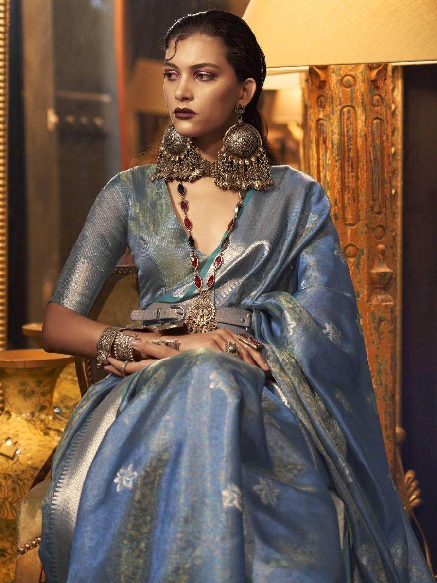 Attractive Blue Zari Weaving Organza Designer Saree - Zeel Clothing