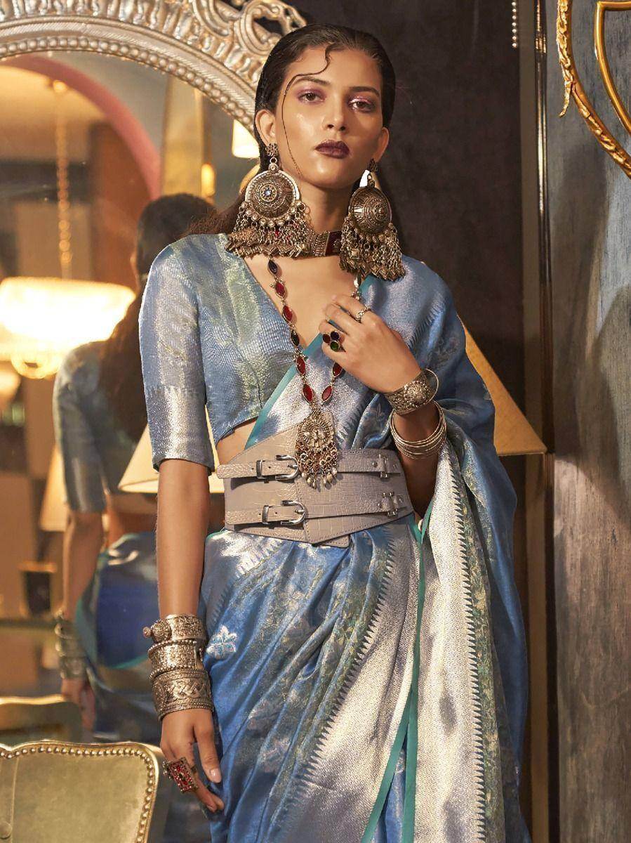 Attractive Blue Zari Weaving Organza Designer Saree - Zeel Clothing