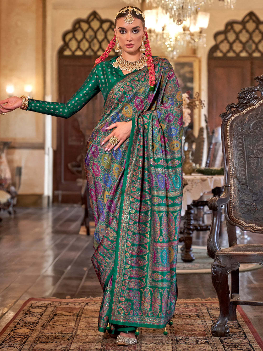 Attractive Bottle Green Digital Printed Silk Traditional Saree With Blouse - Zeel Clothing