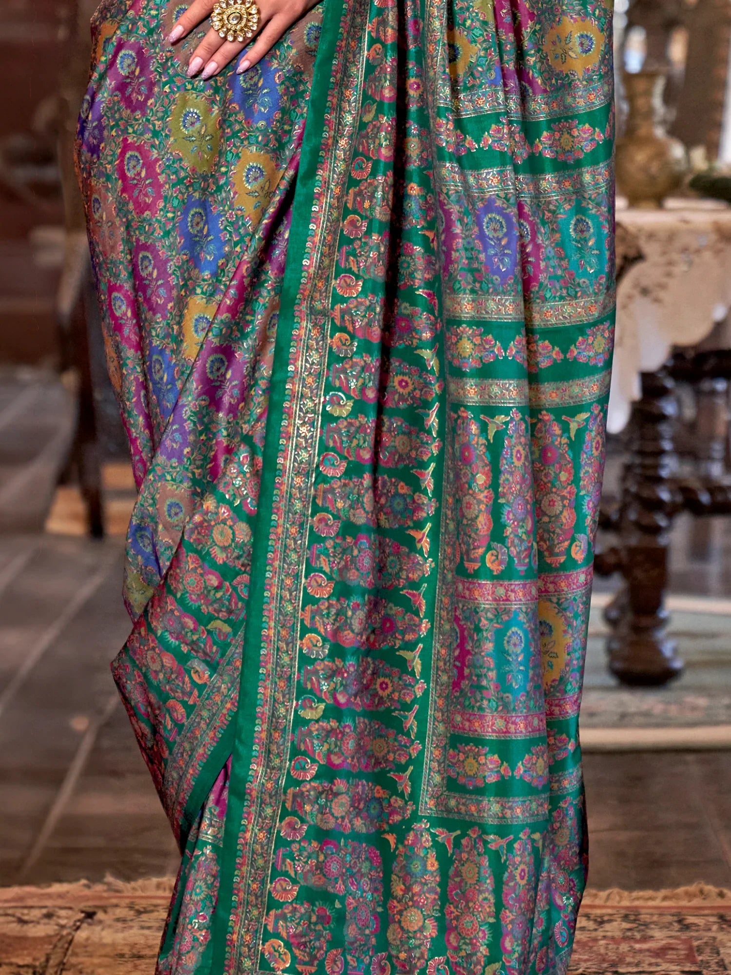Attractive Bottle Green Digital Printed Silk Traditional Saree With Blouse - Zeel Clothing